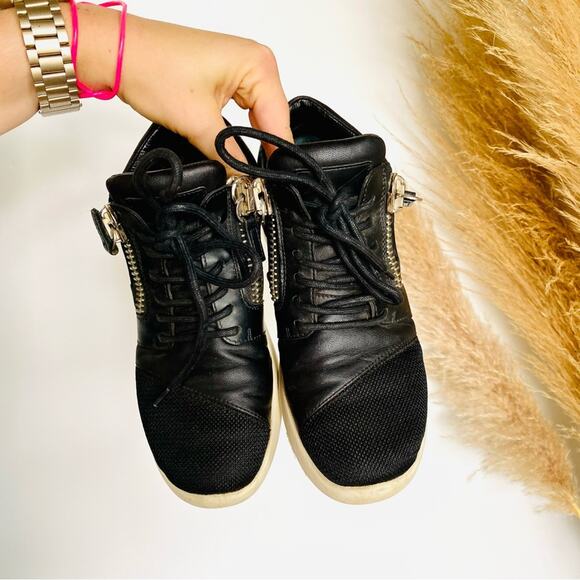 GIUSEPPE ZANOTTI Black White Leather Fabric Zipper Zip Lace Up Sneakers Shoes 37 - Picture 8 of 16